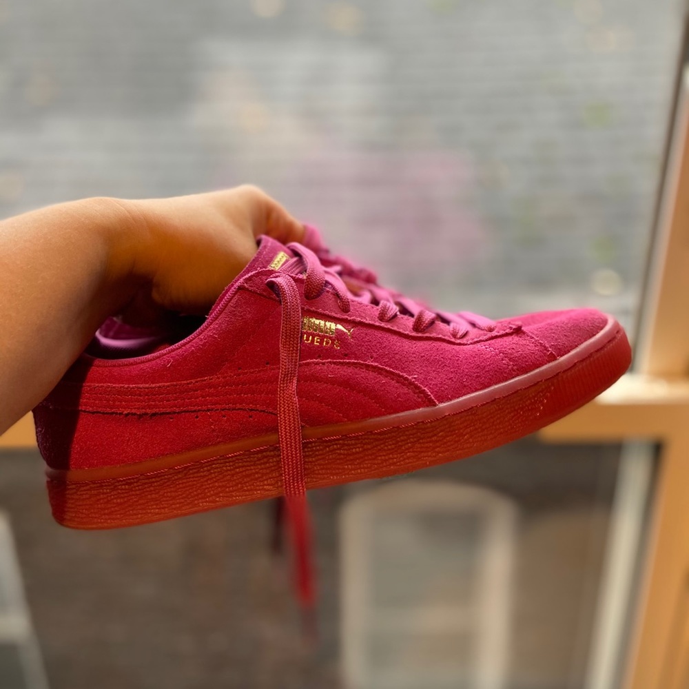 neon pink Puma classic suede sneakers